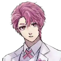 a drawing of a boy with pink hair and a white suit