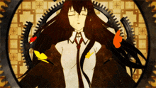 a drawing of a girl with long hair and a tie with a circle of gears around her