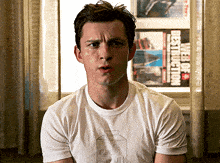 a man in a white t-shirt with a milk carton on it