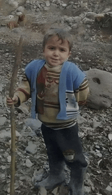 a young boy wearing a blue vest with a bear on it holds a wooden stick