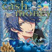 a picture of a man with a cigarette in his mouth with the words cash money above him