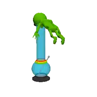 a green alien is laying on top of a bong