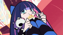 a cartoon girl with purple hair is holding a cat and eating something