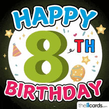 a happy 8th birthday sign with balloons and stars