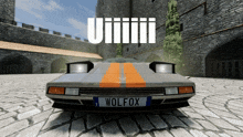 a wolf fox car is parked in front of a stone building