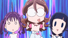 three cartoon girls are standing next to each other and one of them has a heart on her belt