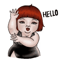 a cartoon of a woman with red hair and the word hello on the bottom