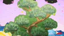 a painting of a pine tree with a purple background