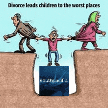 a cartoon of a man and woman holding a child over a cliff .