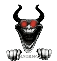 a troll with horns is laughing and pointing at the camera