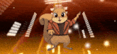 a cartoon squirrel in a red jacket is dancing on a stage
