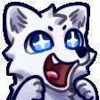 a cartoon of a white cat with blue eyes and a red mouth .