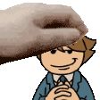a cartoon character in a suit and tie is being touched by a person 's hand .