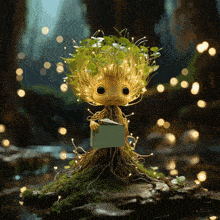 a tree with a book in its hand is sitting on a rock