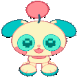 a pixel art of a stuffed animal with green eyes and a cherry on its head .