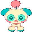a pixel art of a stuffed animal with green eyes and a cherry on its head .
