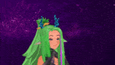 a girl with green hair and purple eyes