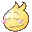 a pixel art drawing of a yellow smiley face with its eyes closed and a star in the background .