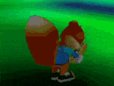 a cartoon squirrel wearing a blue shirt and black shoes is standing on a green field .