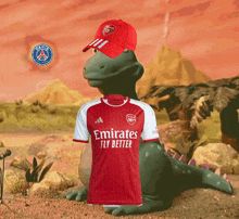 a dinosaur wearing an emirates fly better shirt