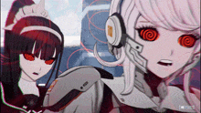a screenshot of a video game shows a girl with headphones and red eyes