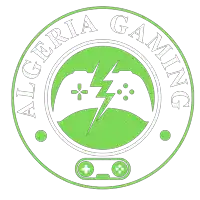 a green and white logo for algeria gaming with a lightning bolt in the center