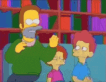 a cartoon of a man with a beard talking to two boys