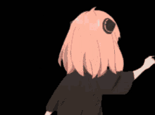 a girl with pink hair is wearing a black shirt and bow