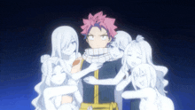 a group of anime characters standing around a man with pink hair