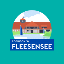 a robinson fleesensee logo with a building and a boat