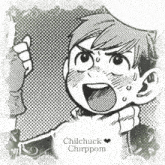 a black and white drawing of a boy with the name chilchuck chirppom on the bottom