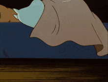 a cartoon drawing of a person laying on a bed with a pink blanket