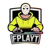 a logo for fplayt shows a man wearing a mask and a yellow hoodie