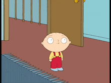 a cartoon character standing in front of a door wearing red overalls
