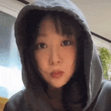 a close up of a woman wearing a hooded jacket .