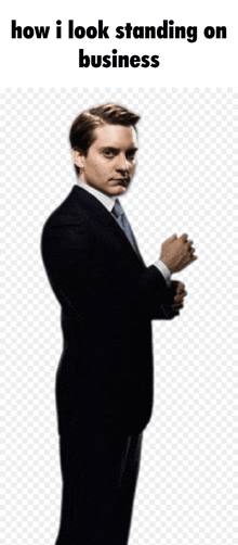 a man in a suit and tie is standing on a white background with a caption that says how i look standing on business .