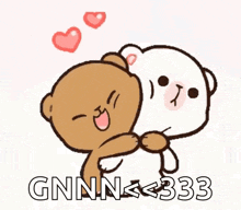 a brown and white teddy bear hugging each other with hearts above them and the words gnn < 333 above them .