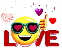 a smiley face wearing sunglasses is giving a thumbs up with the word love behind him