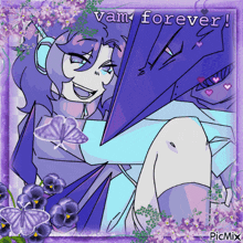 a picture of a girl with purple hair and flowers with the words vam forever