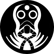 a black and white silhouette of a gas mask in a circle on a white background .