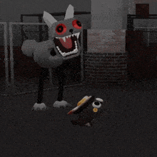 a cartoon character is standing next to a brick wall