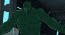 a green superhero is flying through the air in a dark room .