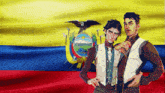 two men are standing in front of a flag that says ecuador