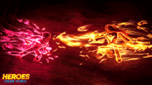an advertisement for heroes online world shows a man and a woman in flames