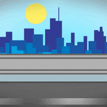 an illustration of a city skyline with a yellow sun