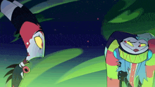 a couple of cartoon characters are standing next to each other in a dark room