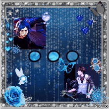 a picture of a man with headphones is surrounded by butterflies and flowers