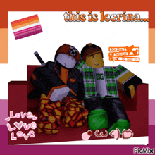 a picture of two roblox characters sitting on a couch with the words " this is leorina " on the bottom