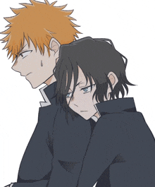 a drawing of two anime characters one with orange hair and the other black hair