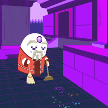 a cartoon character is sweeping the floor with a broom and a purple background
